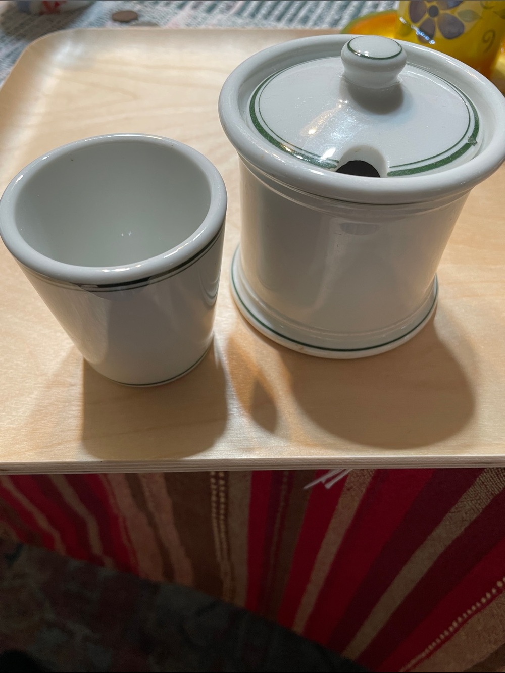 White Ceramic Sugar Jar and Ramekin with Green Trim - Classic Serveware